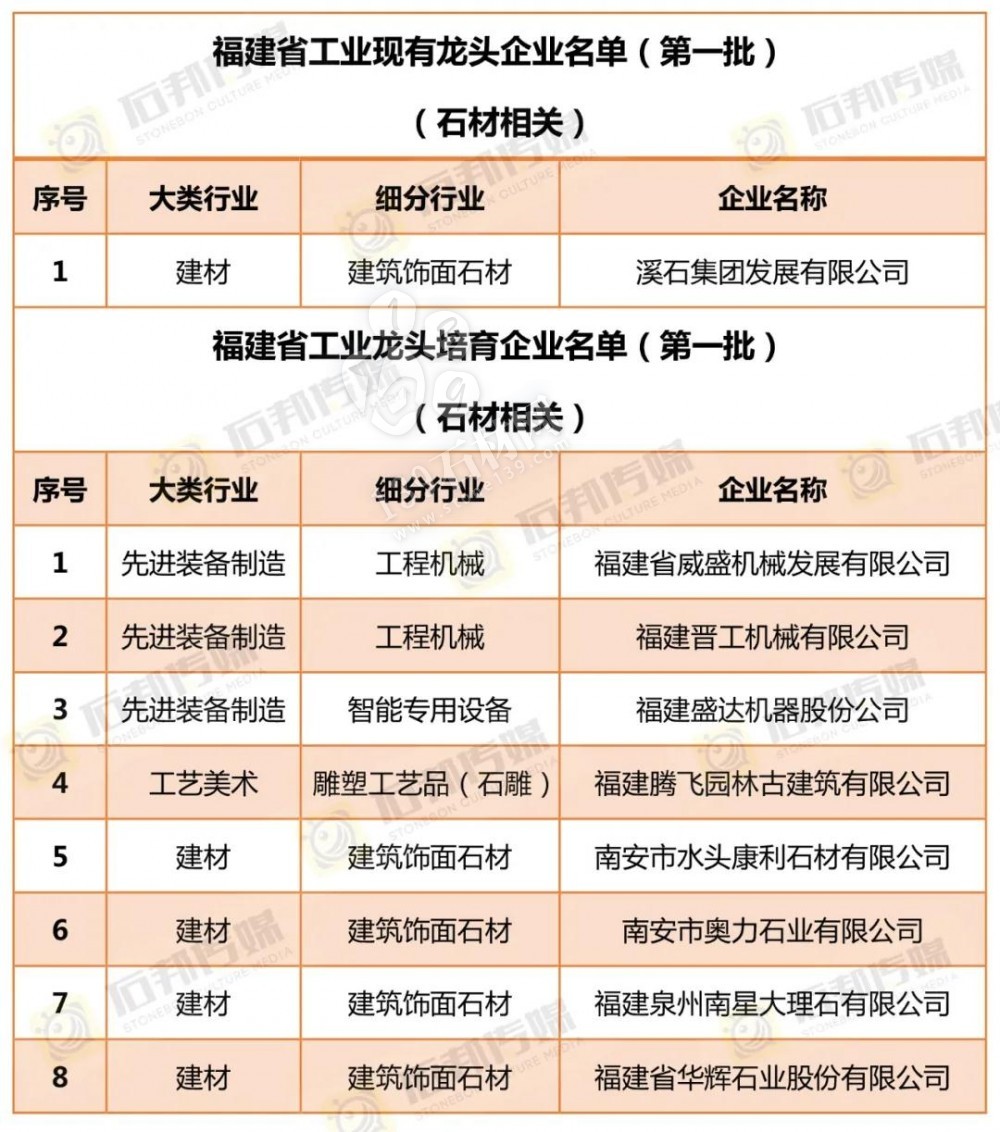 9家石材相關企業(yè)入選“福建省第一批工業(yè)龍頭企業(yè)和工業(yè)龍頭培育企業(yè)”名單